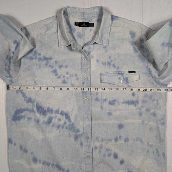 Volcom Men’s M/L Blue White Tie Dye Denim Long Sleeve Button Down Casual Shirt - Picture 6 of 14